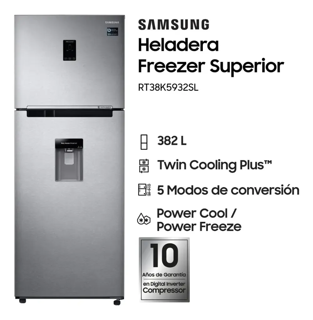 HELADERA SAMSUNG RT38 384LTS ACERO INOXIDABLE CON DISPENSER 