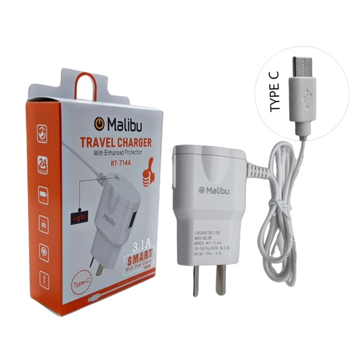 CARGADOR MARCA MALIBU TIPO C CON USB